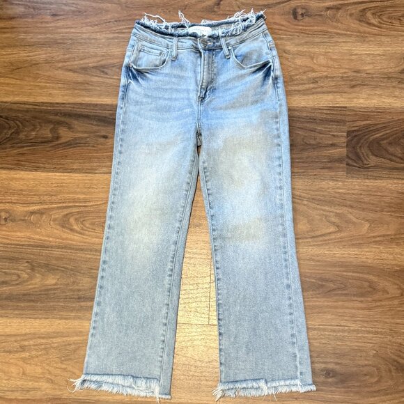 Risen High Rise Crop Flare Jeans Womens 5 Light Wash Frayed Hem Denim - Picture 1 of 7